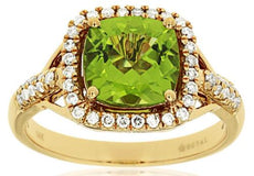 2.4CT DIAMOND & AAA PERIDOT 14KT YELLOW GOLD 3D CUSHION & ROUND SQUARE HALO RING