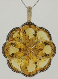 39.52CT WHITE & MOCHA DIAMOND & AAA CITRINE 14KT YELLOW GOLD 3D FLOWER PENDANT