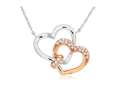 ESTATE .11CT DIAMOND 14K WHITE AND ROSE GOLD DOUBLE HEART LOVE KNOT FUN NECKLACE
