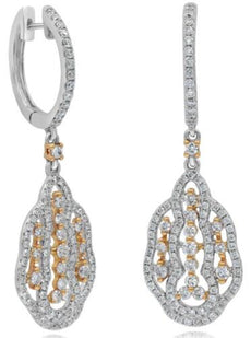 1.0CT DIAMOND 18K ROSE & WHITE GOLD 3D CLUSTER TEAR DROP HUGGIE HANGING EARRINGS
