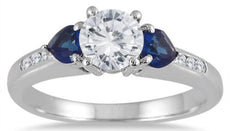 2.32CT DIAMOND & AAA SAPPHIRE 14KT WHITE GOLD ROUND & HEART SHAPE 3 STONE RING