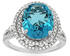 6.29CT DIAMOND & AAA BLUE TOPAZ 14K WHITE GOLD ROUND & OVAL DOUBLE HALO FUN RING