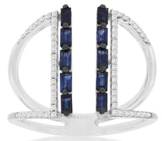 .74CT DIAMOND & AAA SAPPHIRE 14K WHITE GOLD ROUND & BAGUETTE DOUBLE BAR FUN RING