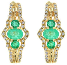 .61CT DIAMOND & AAA EMERALD 14K YELLOW GOLD 3D OVAL & ROUND 3 STONE FUN EARRINGS