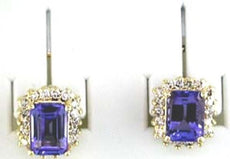 2.44CT DIAMOND & AAA TANZANITE 14K YELLOW GOLD EMERALD CUT & ROUND STUD EARRINGS