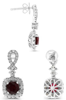 3.76CT DIAMOND & AAA RUBY 18KT WHITE GOLD 3D ROUND SQUARE LOVE HANGING EARRINGS