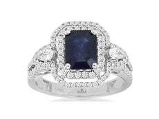 2.57CT DIAMOND & AAA SAPPHIRE 14K WHITE GOLD 3D EMERALD CUT HALO ENGAGEMENT RING
