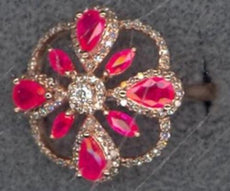 1.58CT DIAMOND & AAA RUBY 14KT ROSE GOLD PEAR SHAPE & ROUND FLOWER SQUARE RING