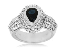 2.65CT DIAMOND & AAA SAPPHIRE 14K WHITE GOLD 3D PEAR SHAPE BEZEL ENGAGEMENT RING
