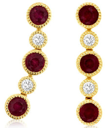 .68CT DIAMOND & AAA RUBY 14K YELLOW GOLD FILIGREE 5 STONE BEZEL HANGING EARRINGS