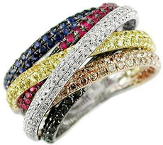 2.38CT MULTI COLOR DIAMOND AAA SAPPHIRE & AAA RUBY 14K WHITE GOLD MULTI ROW RING