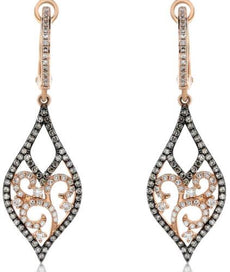 .88CT WHITE & MOCHA DIAMOND 14KT ROSE & BLACK GOLD 3D TEAR DROP HANGING EARRINGS