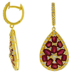 6.03CT DIAMOND & AAA RUBY 14K YELLOW GOLD OVAL FLOWER TEAR DROP HANGING EARRINGS
