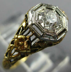 ANTIQUE .40CT OLD MINE DIAMOND 14KT 2 TONE GOLD FLORAL ART DECO ENGAGEMENT RING