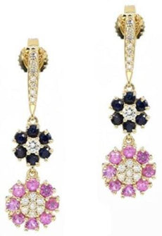 1.25CT DIAMOND & AAA PINK & BLUE SAPPHIRE 14K YELLOW GOLD 3D FLOWER FUN EARRINGS