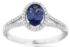 1.04CT DIAMOND & AAA TANZANITE 14KT WHITE GOLD OVAL & ROUND HALO ENGAGEMENT RING