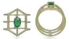 1.03CT DIAMOND & AAA EMERALD 14KT YELLOW GOLD 3D OVAL & ROUND HEXAGON FUN RING