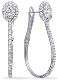 1.11CT DIAMOND 14KT WHITE GOLD 3D FLOWER TEAR DROP CLIP ON HOOP HANGING EARRINGS