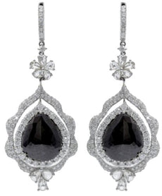 LARGE 19.5CT WHITE & BLACK DIAMOND 18KT WHITE GOLD PEAR SHAPE & ROUND EARRINGS