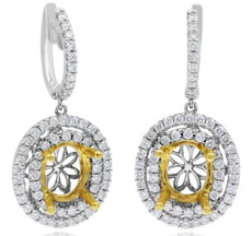 1.35CT DIAMOND 14KT 2 TONE GOLD OVAL DOUBLE HALO FLORAL HUGGIE HANGING EARRINGS
