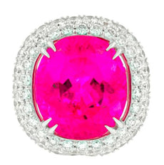 18.87CT DIAMOND & AAA TOURMALINE 18K WHITE GOLD CUSHION & ROUND DOUBLE HALO RING