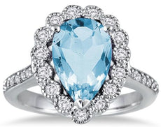 5.03CT DIAMOND & AAA BLUE TOPAZ 14KT WHITE GOLD PEAR SHAPE & ROUND FILIGREE RING