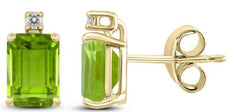 .84CT DIAMOND & AAA PERIDOT 14K YELLOW GOLD 3D EMERALD CUT & ROUND STUD EARRINGS