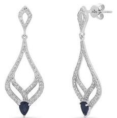 1.05CT DIAMOND & AAA SAPPHIRE 14KT WHITE GOLD DOUBLE TEAR DROP HANGING EARRINGS