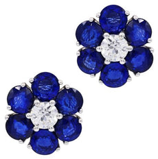 LARGE 6.91CT DIAMOND & AAA SAPPHIRE 18KT WHITE GOLD CLASSIC FLOWER STUD EARRINGS