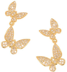 ESTATE .34CT DIAMOND 14KT YELLOW GOLD DOUBLE BUTTERFLY LOVE FUN HANGING EARRINGS
