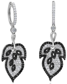 2.65CT WHITE & BLACK DIAMOND 18KT WHITE GOLD 3D LEAF HUGGIE FUN HANGING EARRINGS