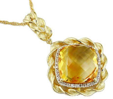 9.94CT DIAMOND & AAA CITRINE 14KT YELLOW GOLD CUSHION MATTE & SHINY FUN PENDANT