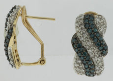 1.52CT WHITE & BLUE DIAMOND 14K YELLOW GOLD MULTI ROW X CLIP ON HANGING EARRINGS