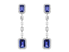 2.17CT DIAMOND & AAA TANZANITE 14KT WHITE GOLD EMERALD CUT HALO HANGING EARRINGS