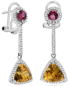 LARGE 3.88CT DIAMOND & AAA PINK TOURMALINE & CITRINE 14KT WHITE GOLD 3D EARRINGS