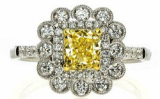1.61CT WHITE & FANCY YELLOW DIAMOND 18KT 2 TONE GOLD 3D FLOWER ENGAGEMENT RING