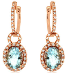 2.53CT DIAMOND & AAA AQUAMARINE 14KT ROSE GOLD 3D OVAL & ROUND HANGING EARRINGS