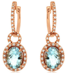 2.53CT DIAMOND & AAA AQUAMARINE 14KT ROSE GOLD 3D OVAL & ROUND HANGING EARRINGS