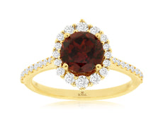 2CT DIAMOND & AAA GARNET 14KT YELLOW GOLD ROUND HALO GRADUATING ENGAGEMENT RING