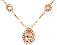.90CT DIAMOND & AAA MORGANITE 14KT ROSE GOLD 3D PEAR SHAPE & ROUND LOVE NECKLACE