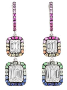 1.49CT DIAMOND & AAA MULTI COLOR SAPPHIRE 14KT WHITE GOLD DOUBLE SQUARE EARRINGS