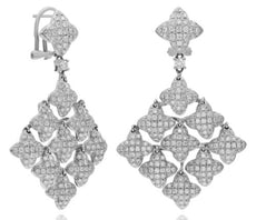 LARGE 5.0CT DIAMOND 14Kt WHITE GOLD MULTI FLOWER SQUARE CLIP ON HANGING EARRINGS