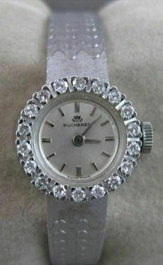 ANTIQUE BUCHERER OLD MINE DIAMOND 18KT WHITE GOLD MECHANICAL WATCH 6.25" #20763