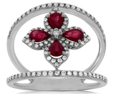 .97CT DIAMOND & AAA RUBY 14KT WHITE GOLD 3D PEAR SHAPE & ROUND FLOWER LOVE RING