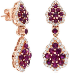 LARGE 3.72CT DIAMOND & AAA RUBY 14KT ROSE GOLD ROUND TEAR DROP HANGING EARRINGS
