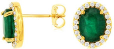 2.48CT DIAMOND & AAA EMERALD 14KT YELLOW GOLD OVAL & ROUND FLOWER STUD EARRINGS
