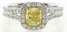 1.86CT WHITE & FANCY YELLOW DIAMOND 18K 2 TONE GOLD CLASSIC HALO ENGAGEMENT RING