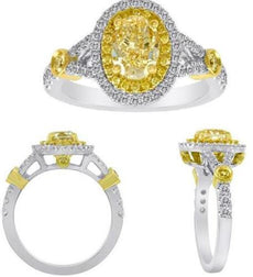 1.62CT WHITE & FANCY YELLOW DIAMOND 18K 2 TONE GOLD OVAL & ROUND ENGAGEMENT RING
