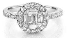 .79CT DIAMOND 18KT WHITE GOLD 3D ROUND & BAGUETTE FILIGREE CRISS CROSS FUN RING