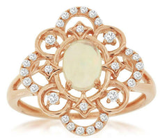 .72CT DIAMOND & AAA OPAL 14K ROSE GOLD 3D OVAL & ROUND OPEN FILIGREE FLOWER RING